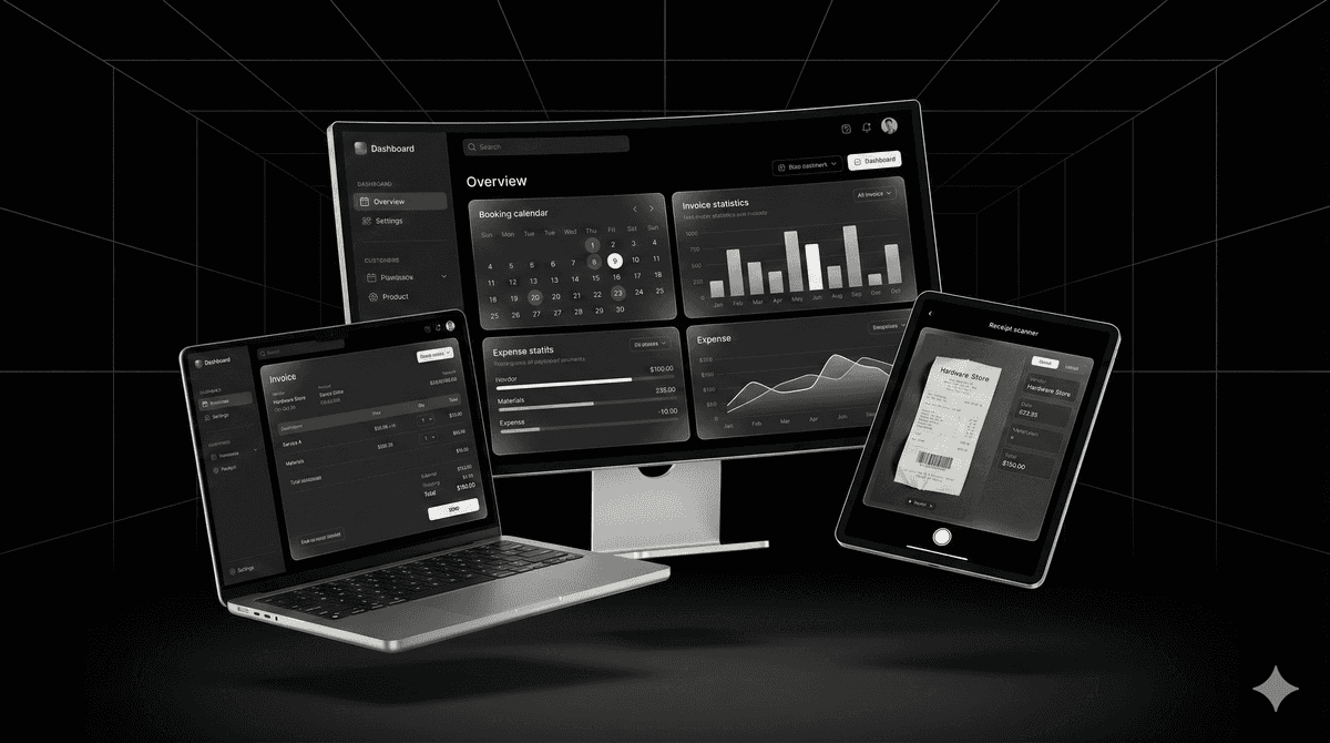 Dashboard preview showing invoices, estimates and booking management